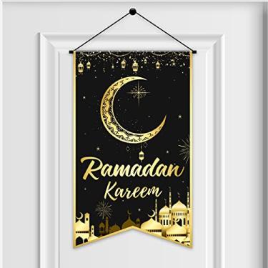 Imagem de Ramadan Kareem Placa de porta suspensa Ramadan Decorativa Pendurada Sinal Decorações de Festa Ouro Preto Lanterna de Lua Banner para Ramadã Kareem Eid Mubarak Decoração de Casa Ramadã Decoração de Festa Favor