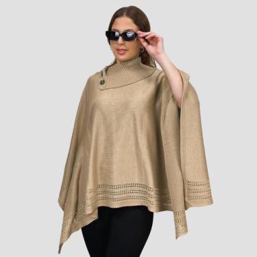 Imagem de Poncho Feminino Tricô Lã Gola Alta Quente Inverno Estilo - GIP, Caqui,