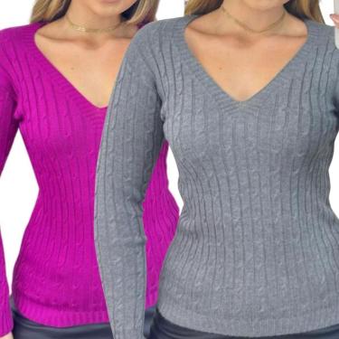 Imagem de Kit 2 Blusas Femininas Industrie Suéter Malha Tricô Lilás e Chumbo Manga Longa Tamanho:Único;Cor:-Feminino