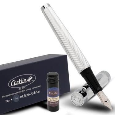 Imagem de Caneta-tinteiro assinatura espinha de peixe prata média com frasco de tinta de 15 ml