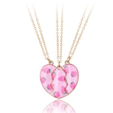 Imagem de Colares fofos de morango para melhor amigo, 3 peças, pingente de coração dividido combinando, rosa, esmaltado, gargantilha de frutas, amizade para sempre, melhor amiga, presente de aniversário para