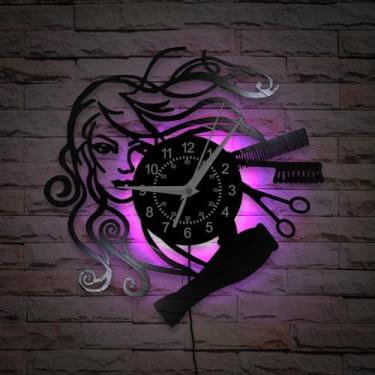 Imagem de TIMEGLOW Relógio de parede de salão de cabeleireiro, 7 tipos de LED colorido 30,5 cm, relógio de salão de beleza, silencioso sem tique-taque, moderno, decorativo, luz noturna, disco de vinil, relógio