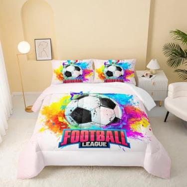 Imagem de QOOMO Jogo de cama casal de futebol com grafite, para meninos e meninas, crianças, esportivo, futebol, super macio, com 1 edredom e 2 fronhas, microfibra leve para todas as estações