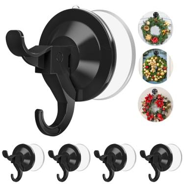 Imagem de AENTGIU Cabide de porta de guirlanda – Pacote com 5 ganchos de ventosa a vácuo pretos resistentes com aba de sucção adesiva de até 5 kg - Suportes de guirlanda para porta da frente, janela de vidro