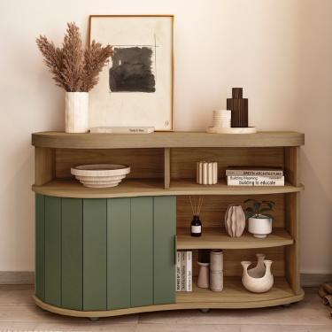 Imagem de Aparador Buffet Ripado Flex 1 Porta de Correr Magnum Artely - Carvalho/Off White/Menta