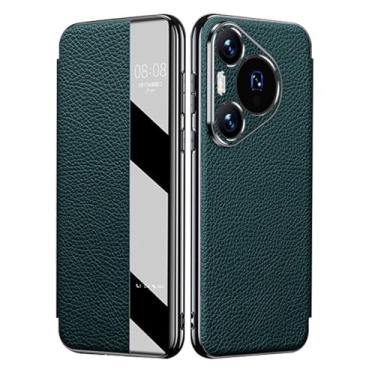 Imagem de HAO RIYLN Capa flip para Huawei Pura 80 Ultra/80 Pro +/80 Pro/80, Smart Clear View Window Capa de couro genuíno Capa de negócios de luxo, verde, 80 Ultra