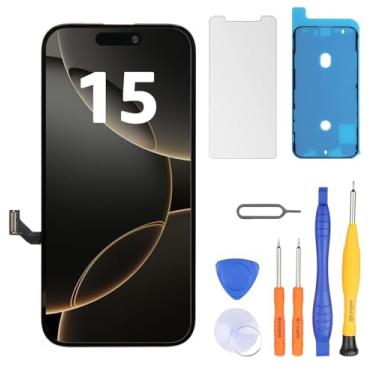 Imagem de LL TRADER Substituição de tela para iPhone 15 15.5 cm LCD Retina FHD Display COF Touch Screen Digitalizador com kits de ferramentas de reparo, fita impermeável, protetor de tela (Truetone programável