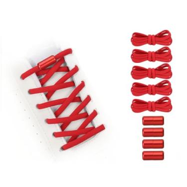 Imagem de YELARXI Cadarços elásticos sem laço de substituição, 99 cm com 4 fivelas de metal para adultos, tênis de lona (5 peças, vermelho), Vermelho, 39 inch