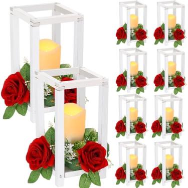 Imagem de Hushee 30 peças de lanterna de casamento integrada centro de mesa rústica suporte de madeira com velas e anéis decoração de vela de fazenda para decoração de mesa de festa de casamento dos namorados