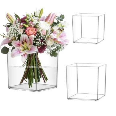 Imagem de Rospynn Vaso cilíndrico de acrílico, vaso grosso, plástico inquebrável, peça central decorativa para casa ou casamento, quadrado de 10 cm + 15 cm + 20 cm - transparente