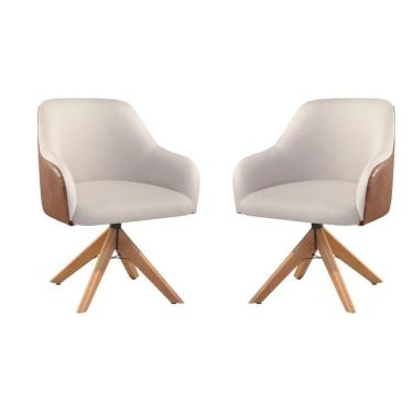 Imagem de Conjunto Poltronas Decorativa Hera Linho Nude Couro Caramelo Com Base Giratória Em Madeira