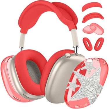 Imagem de [4 em 1] Capa para AirPods Max (2024/2020) Capa para fone de ouvido/capa para fones de ouvido com decoração de estrelas brilhantes para fones de ouvido Apple AirPods Max (Red Star-T)