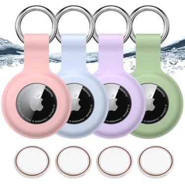 Imagem de Pacote com 4 porta-etiquetas de ar à prova d'água para Apple Air Tags com chaveiro, à prova de choque [PC + silicone], capa localizadora de etiquetas de ar para animais de estimação, crianças