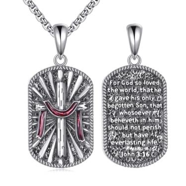Imagem de Lattd Colar de cruz com João 3:16 prata esterlina 925 cruz cristã exército militar colar pingente de cão colar joia católica para homens, com corrente de aço inoxidável 55 cm + 5 cm