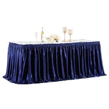 Imagem de Wish Care Saia de mesa de cetim azul marinho de 1,8 m para mesas retangulares, sem rugas, com glitter, toalha de mesa plissada, para casamento, aniversário, chá de bebê, festa, banquete, bolo