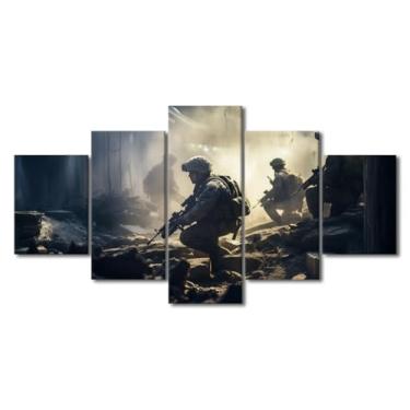 Imagem de Decoração de parede em tela com intensidade de combate com cinco painéis, quadro de campo de batalha emoldurado com grupo militar avançando sob fogo e dinâmica de combate explosiva pronta para