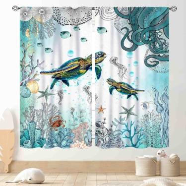 Imagem de Cortinas de tartarugas marinhas, retrô, náutica, estrela-do-mar, concha, praia, tropical, vintage, oceano, coral, verde-petróleo, cortinas de janela de verão para sala de estar, quarto, cozinha