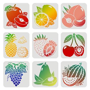 Imagem de FINGERINSPIRE Estêncil de frutas 9 peças 20 x 20 cm plástico abacaxi limão maçã melancia pêssego pera cereja morango uva estêncil reutilizável para pintura em madeira, piso, parede e azulejo