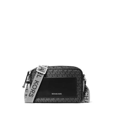 Imagem de Michael Kors Bolsa transversal com alça grande Jet Set, Ferragens prateadas/tonal Mk Signature Nylon com logotipo Mk Webbbing/preta, One Size, Bolsa transversal com alça grande Jet Set
