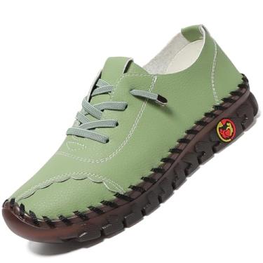 Imagem de Mocassins femininos de couro macio sem cadarço modernos feitos à mão bordados florais sapatos de caminhada conforto ortopédico 4D alívio da dor sapatos casuais, Verde B, 38