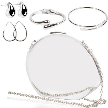Imagem de Conjunto de bolsa clutch prateada para mulheres - 5 peças de bolsa metálica para noite com pulseiras e brincos bolsas de acrílico para uso formal, Prata, 8.27 x 5.91 x 4.33 inches