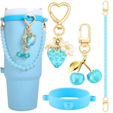 Imagem de Conjunto de acessórios de garrafa de água para garrafa de água Owala Stanley conjunto de acessórios para garrafa de água azul alça de alça decoração bonito cereja fruta copo copo conjunto de