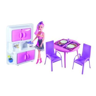 Imagem de Kit Copa Cozinha Infantil Rosa com Boneca Armário Mesa Cadeira e Acess