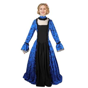 Imagem de STIOEDYUAN Vestido de baile feminino rococó vintage tribunal medieval cosplay gola quadrada vestidos temáticos (azul, pequeno)