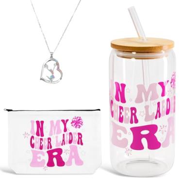 Imagem de Nufiwra Conjunto de presentes de líder de torcida - Coisas de Cheerleading incluindo copo de vidro de café gelado com tampas e canudos de bambu, bolsa de maquiagem, colar, boné de palha - presente de