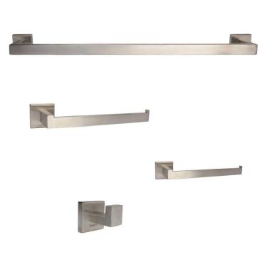 Imagem de Kit Acessórios Banheiro Quadrado Aço Inox Escovado 4 Peças