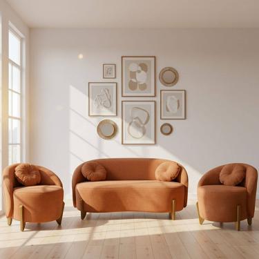 Imagem de Kit 01 Sofá 2 Lugares + 02 Poltronas Orgânicos c/ Almofadas Curvo Sala Recepção Amsterdã Boucle Terracota - Montanari`s Decor