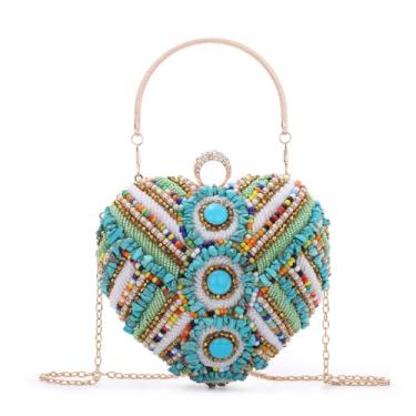 Imagem de Fecialy Bolsa clutch feminina de pedra natural quadrada/coração para noite bolsa com contas bolsa de ombro transversal de cetim com corrente, Colorido.