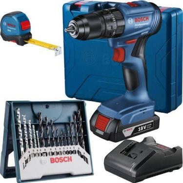 Imagem de Furadeira Impacto Bosch Gsb 185 Li E 1 Bateria Kit 15 Peças - Azul