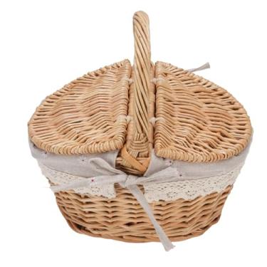 Imagem de Cesta de piquenique de vime tecida à mão com tampas duplas forro removível grande capacidade viagem ao ar livre piquenique acampamento família reunião vime linho algodão 26x18x14cm