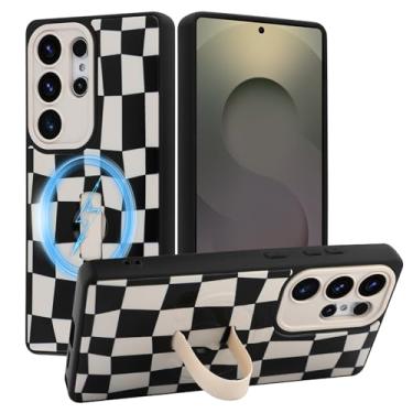 Imagem de SOKAD Capa quadriculada magnética para Samsung Galaxy S25 Ultra com suporte de alça de dedo, compatível com Magsafe, lindo tabuleiro de xadrez projetado para mulheres e homens, capa de proteção