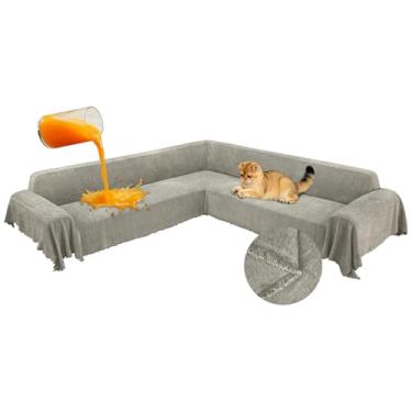 Imagem de ROFASVCO 1OO% capas de sofá seccionais de canto à prova d'água em forma de L com borla, macia, grossa, lavável, protetor de móveis para cães de estimação (231 cm x 701 cm, cáqui)
