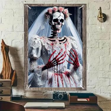 Imagem de BlissYard Decorações de janela de Halloween Esqueleto assustador noiva sangrento horror capa de janela banner fantasma assustador pano de fundo de parede pôster casa assombrada festa interior exterior