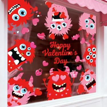 Imagem de Whaline 6 folhas de adesivos para janela feliz dia dos namorados decalques de janela rosa vermelho monstro fofo decoração reutilizável para festa de aniversário de casamento casa sala de aula
