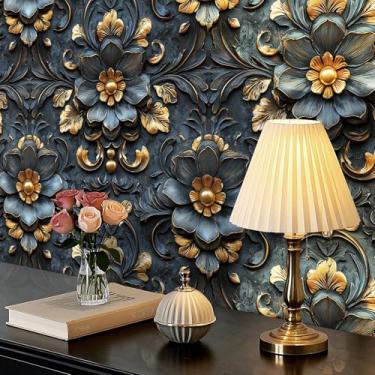 Imagem de iPaste Papel de parede floral barroco vintage azul escuro dourado 44,5 x 602 cm, papel de parede elegante e luxuoso