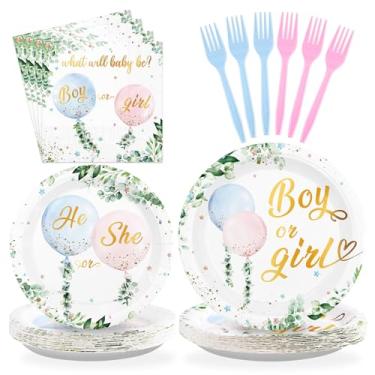Imagem de Grencian 96 peças de artigos de festa revelação de gênero de bebê, balões e guardanapos, conjunto de utensílios de mesa para ele ou ela, decorações de festa para meninos ou meninas, aniversário, chá
