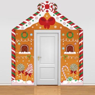 Imagem de 4 peças de decoração de porta de pão de gengibre de Natal capas de porta de casa de pão de gengibre pano de fundo banners de natal sinal de varanda para decoração de festa de Natal Candyland