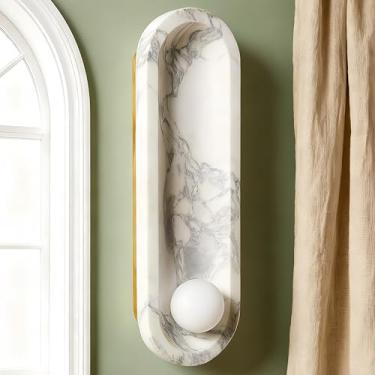 Imagem de Arandela de parede de mármore natural, luz noturna moderna oval montada na parede com sombra de globo de vidro de leite, arandela com fio para sala de jantar, escadas, quarto, corredor, cozinha