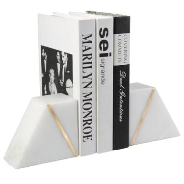 Imagem de Suportes de livros de mármore natural para prateleiras, terminais de livros decorativos para livros pesados, suportes de livros de pedra branca e dourada modernos de meados do século com incrustação