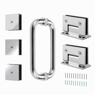 Imagem de Kit de ferragens para porta de chuveiro para vidro temperado de 8 mm a 10 mm, acessórios de ferragens de 2 dobradiças de porta de chuveiro, 3 braçadeiras de vidro e uma alça redonda de 20 cm
