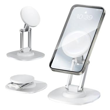 Imagem de KOBBRAN Suporte magnético de telefone para mesa giratório 360 em alumínio dobrável para MagSafe com base antiderrapante para iPhone 16 Pro Max/15/14/13/12 Plus Air (branco)