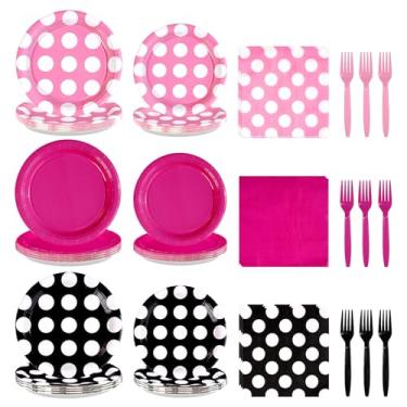 Imagem de Greencian Conjunto de 96 peças de pratos e guardanapos de papel de desenho animado rosa choque e preto para chá de bebê, chá de bebê, casamento, festa de aniversário, serve 24