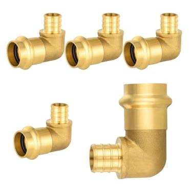 Imagem de Pacote com 5 Niikappu 2.5 cm Press x 2.5 cm Pex Crimp Elbow, Latão Pro Press Fitting Conexão de cotovelo para cobre e tubo Pex