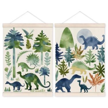 Imagem de TWRVI Cabide de pôster de quarto infantil de dinossauro com moldura de madeira, decoração de parede de dinossauro em aquarela para quarto de meninos, pôsteres de dinossauros de animais selvagens para