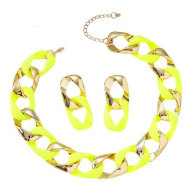 Imagem de Conjunto de brincos de colar de corrente grossa colorido punk grosso grosso cubano gargantilha colar acrílico moderno pingente brinco conjunto de joias para mulheres, Metal, Sem Pedra Preciosa