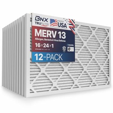 Imagem de BNX Filtro de ar TruFilter MERV 13 16 x 24 x 1 (pacote com 12) - Feito nos EUA - Filtros de ar condicionado plissados eletrostáticos HVAC AC para alergias, pólen, mofo, bactérias, fumaça, alérgeno